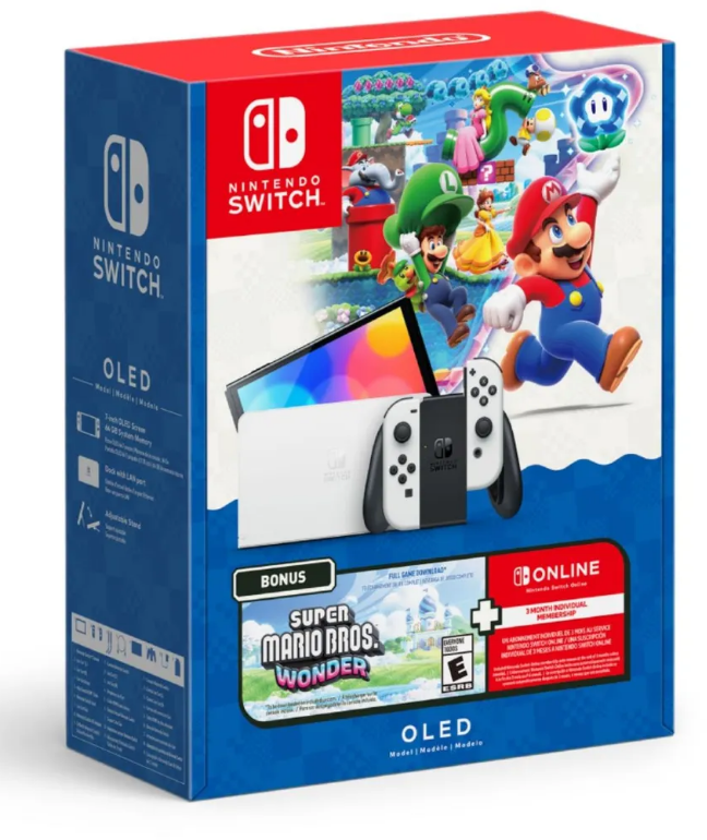 Nintendo Switch OLED White Bundle + Membresía Nintendo Switch (3 Meses) + Super Mario Bros Wonder